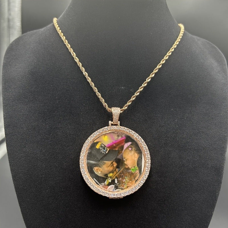 TEMU Personalized Copper Photo Pendant With Sparkling Custom Picture Round Frame Pendant Rope Chain Necklace, Unique Holiday Gift For , Personalized