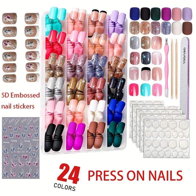 TEMU 24 Colors 576pcs Short Square Nails, Matte-glossy Nails Short Square. Comes With 5d Embossed Nail Decals, Glitter Press-on Nails, Natural,