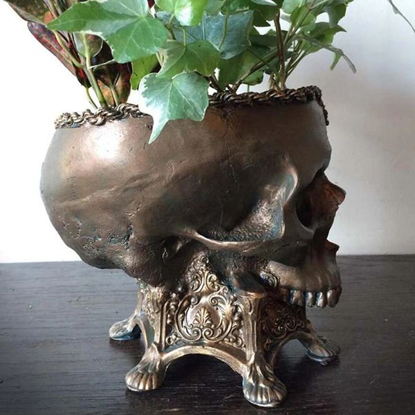 Creative Skull Flower Pot Ornament Decorative Scary Resin Skull Figurine Skull Planter For Desktop Tabletop 250211