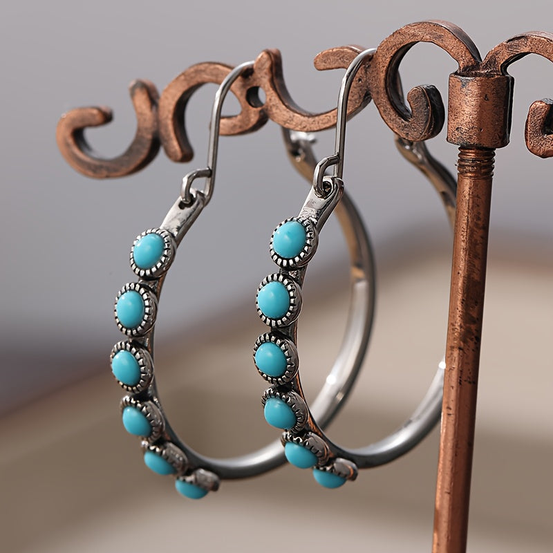 TEMU Fonect Women's Bohemian Retro Ethnic Style Turquoise Hoop Earrings - Large Turquoise & Copper Hoops With Turquoise Beads, Vintage Tribal Design