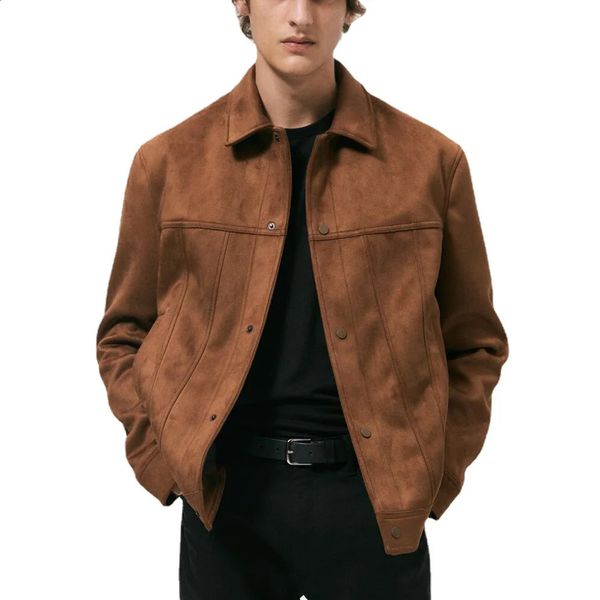 Mens Jacket Suede Lapel Single Breasted Long Sleve Outerwear Coats Spring Autumn Fashion Streetwear Menswear Cardigan 240824