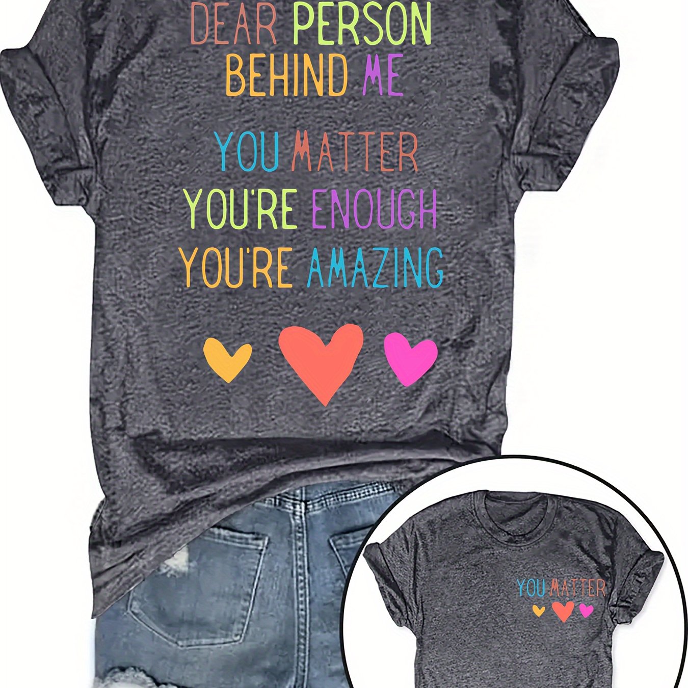 TEMU Women's Plus Size Short Sleeve T-shirt - Black Casual Round Neck With Colorful Inspirational Lettering & , Dual-sided Print, Machine Washable, ,