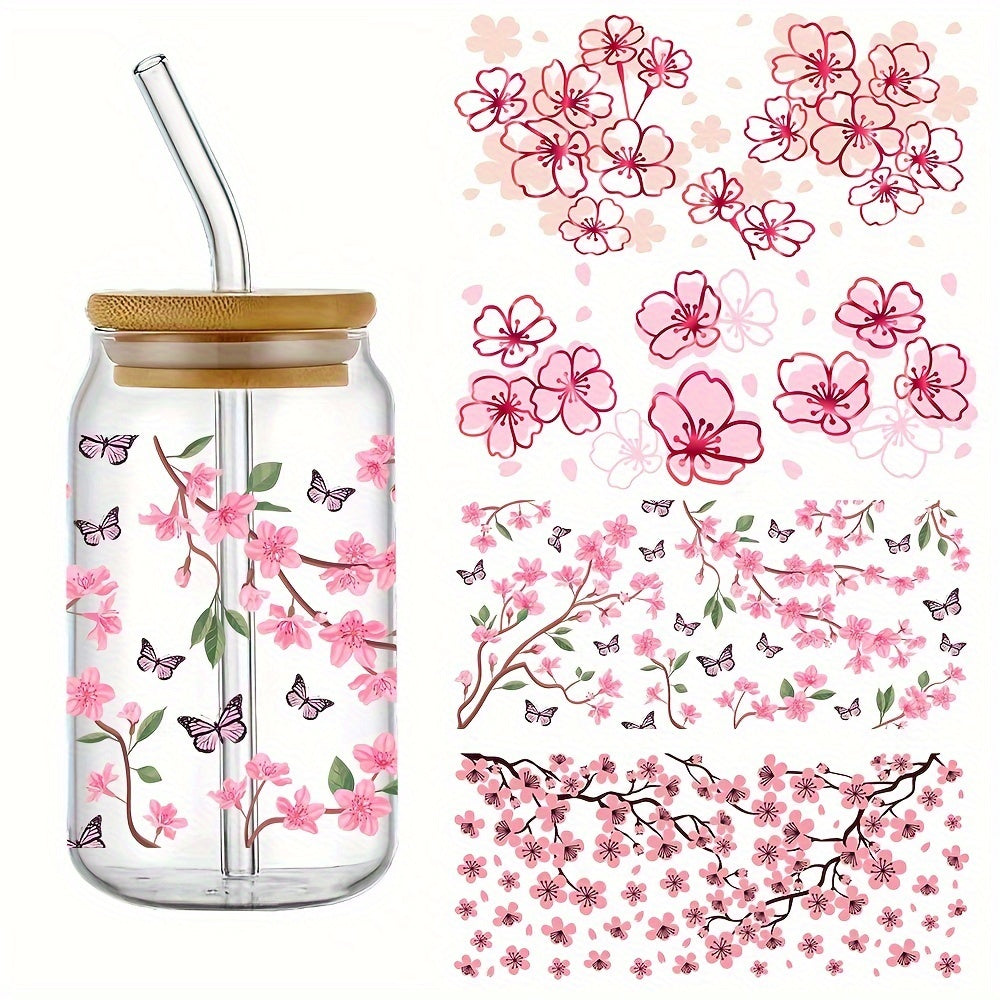 TEMU 4-pack Cherry 3d Wraps, 16oz Glass Can Decals, Uv Dtf Self-adhesive Stickers, Waterproof Scratch-resistant, Diy Crafts, Glossy Finish, Plastic,