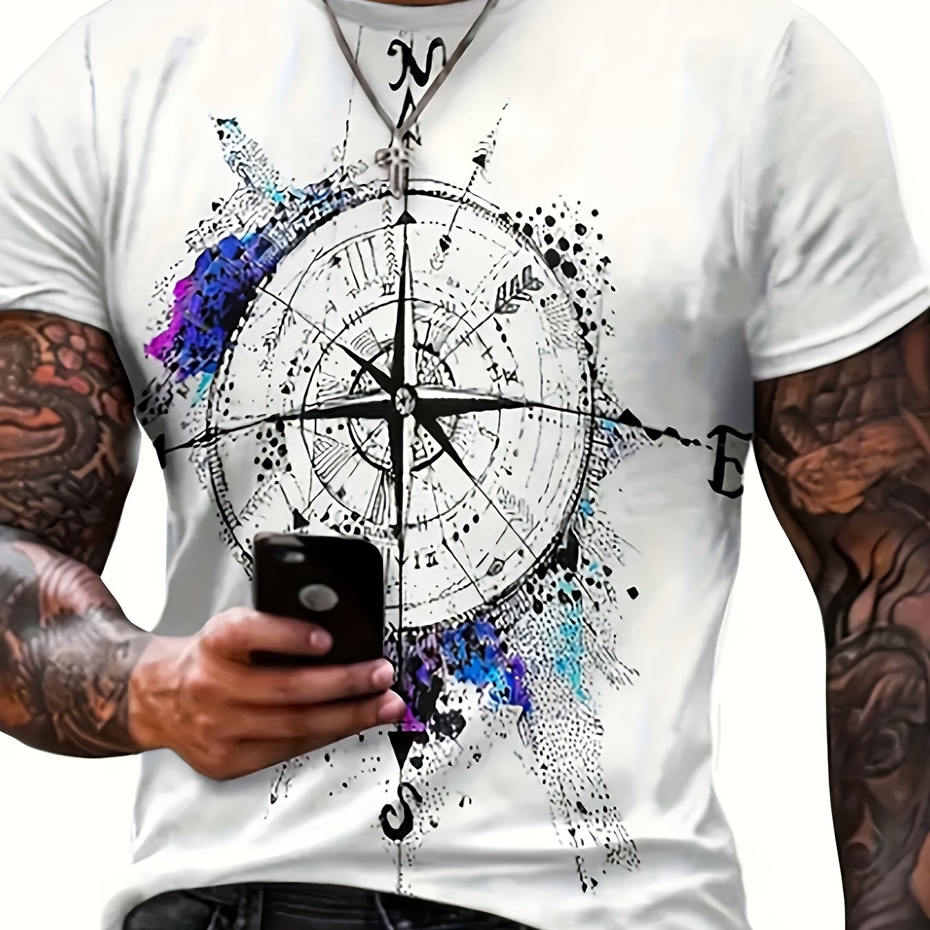 TEMU | Men's Casual Cotton T-shirt With Compass Print, Round Neck Short Sleeve T-shirt, Suitable For All , Large Size T-shirt