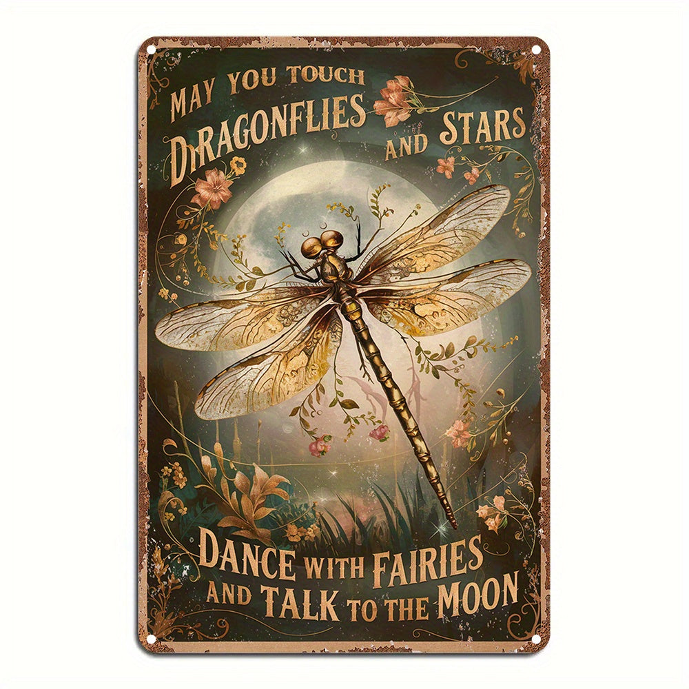 TEMU 1pc Vintage Dragonfly & Moth Metal Wall Decor - Dark Green-golden Retro Farmhouse Sign With "may You Touch Flies And Talk " - Durable 8x12 Inch