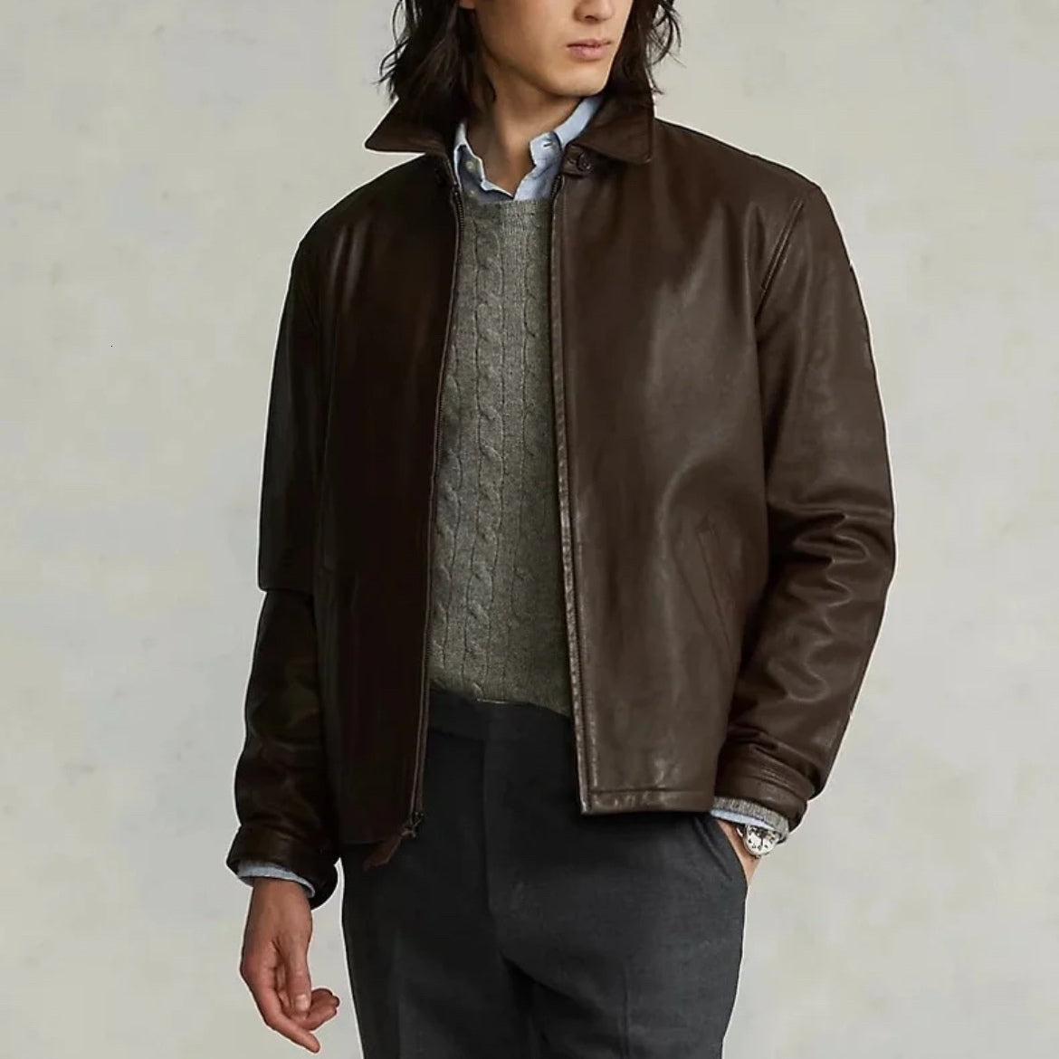 Workwear Inspired Men Jacket Small Horse Embroidery Lightweight Vintage Coat Zip Up Style Khaki Bomber Utility Outerwear Streetwear Comfortable Fit