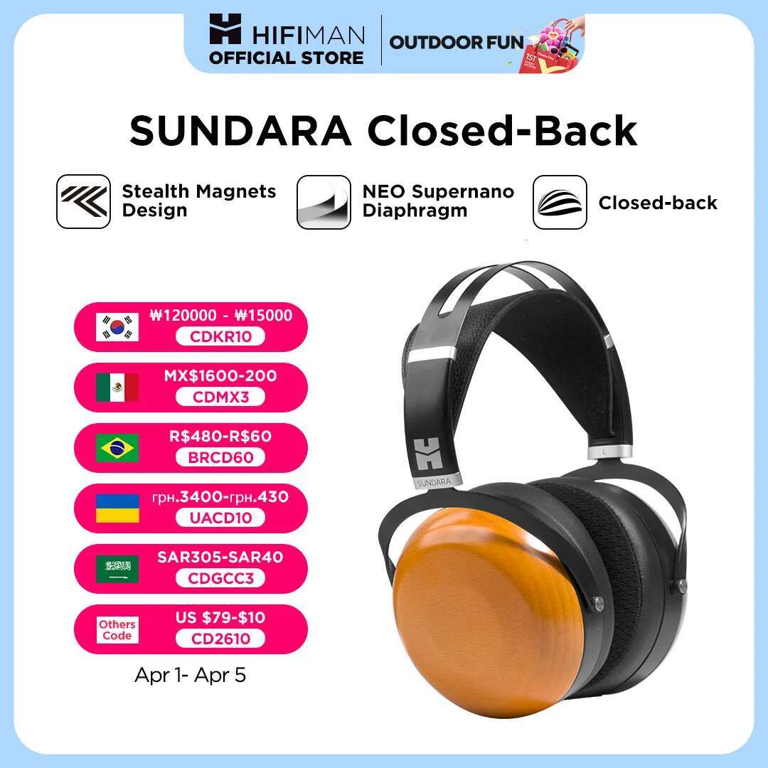 HIFIMAN SUNDARA Closed-Back Over-Ear Planar Magnetic Wired Hi-Fi Headphones with Stealth Magnet Design, Wood Ear Cups