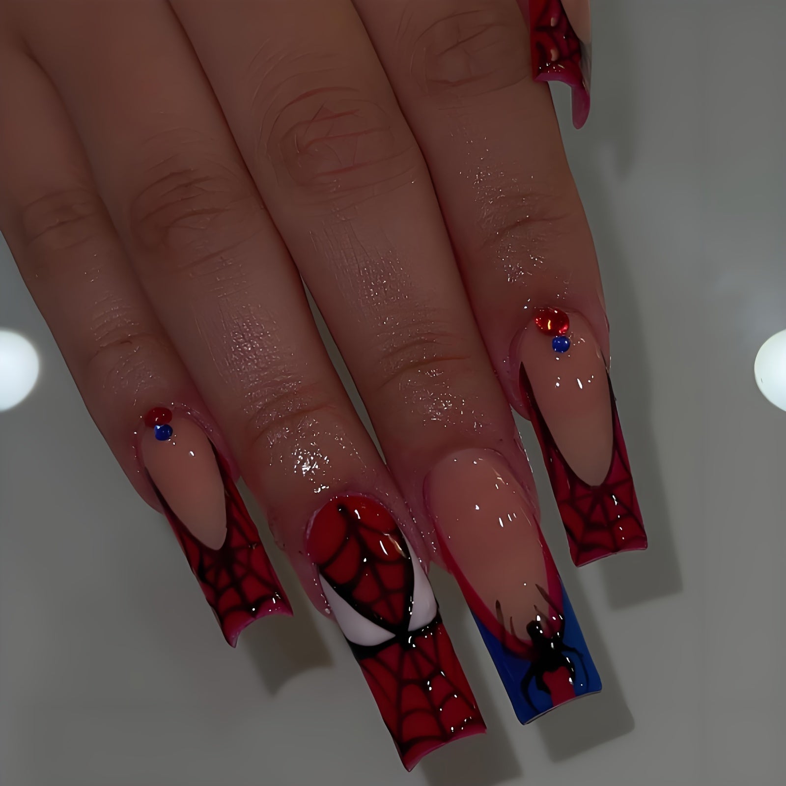 TEMU 24pcs & Web Design Press-on Nails - Accents, Mixed Color French Manicure, Long Square Glossy Fake Nails With Tools, Reusable False Nails For