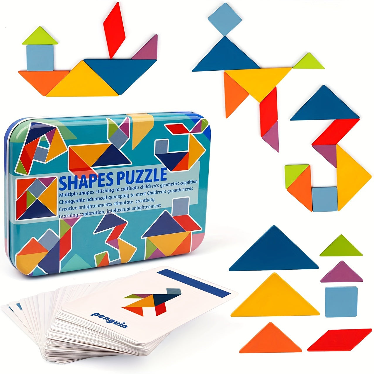 TEMU Wooden Sets Pattern Blocks, Shape Card Brain Teaser Puzzles Educational Toy, Travel Games For Kids Ages 3-8 Road Trip Essentials