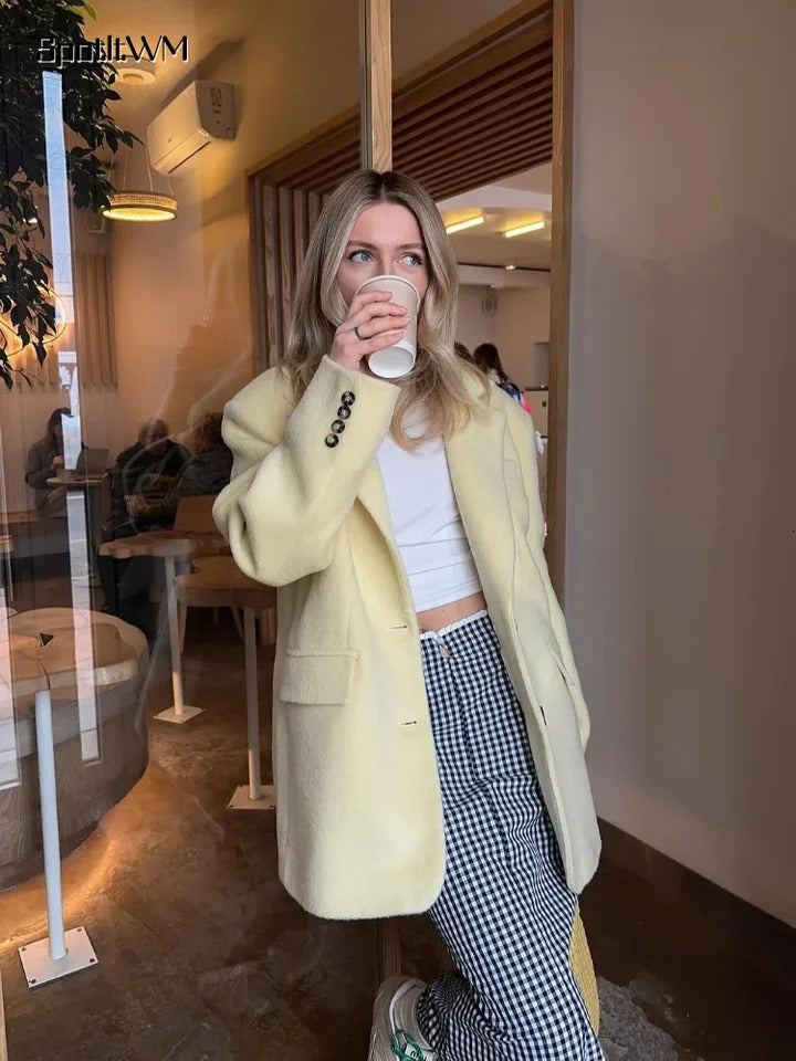 Yellow Elegant Collar Wool Blended Jacket Womens Unique Single Chest Long Sleeve Pocket Jacket Womens Office Street Jacket 241115