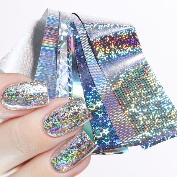 10Pcs Hologram Transfer Foil Nails Laser Stars Holographic Nail Stickers Mermaid Tail Sliders Metallic Gel Polish Wraps NLXKY01
