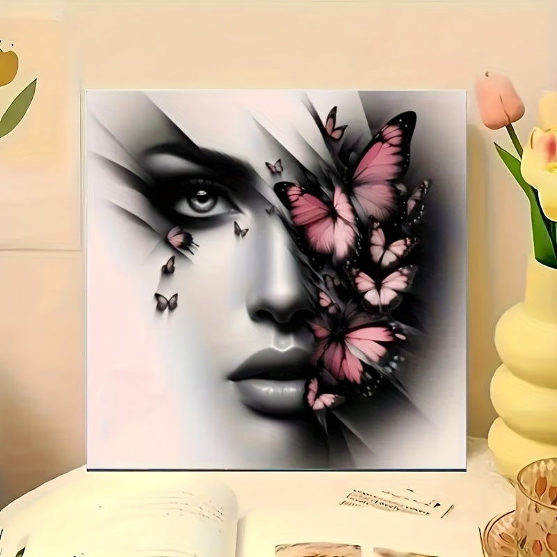 TEMU 5d Diamond Painting Kit - Abstract Woman With Butterflies Design, Round Acrylic Stones, Beginners & Craft Enthusiasts, Ideal Wall Decor For