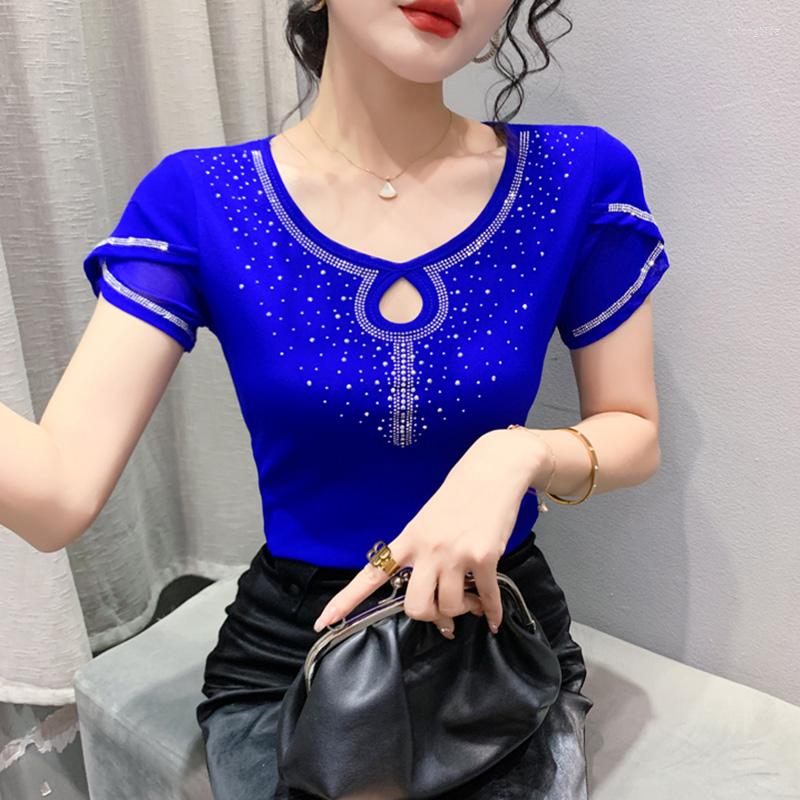 Women&#039;s T Shirts Summer Short Sleeved Women&#039;s T-Shirt Elegant Slim Drilling Mesh Tops M-3XL Black Blue Female Blusas Clothes