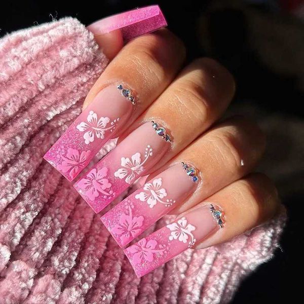 False Nails 24Pcs Gradient False Nails Long Ballet Square Fake Nails with Sakura Design Glitter Diamond Press on Nails Manicure Tips T240507