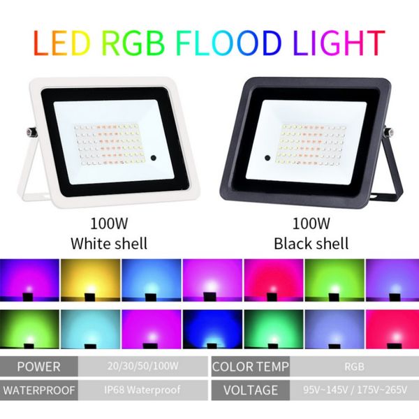 RGB Flood Light 100W 50W 30W 20W RGB Reflector IP68 Waterproof LED Spotlight 110V-220V Projector Lamp Outdoor Garden Lighting
