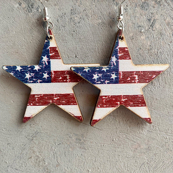 Boucles d'oreilles pendantes bois étoile couleur drapeau