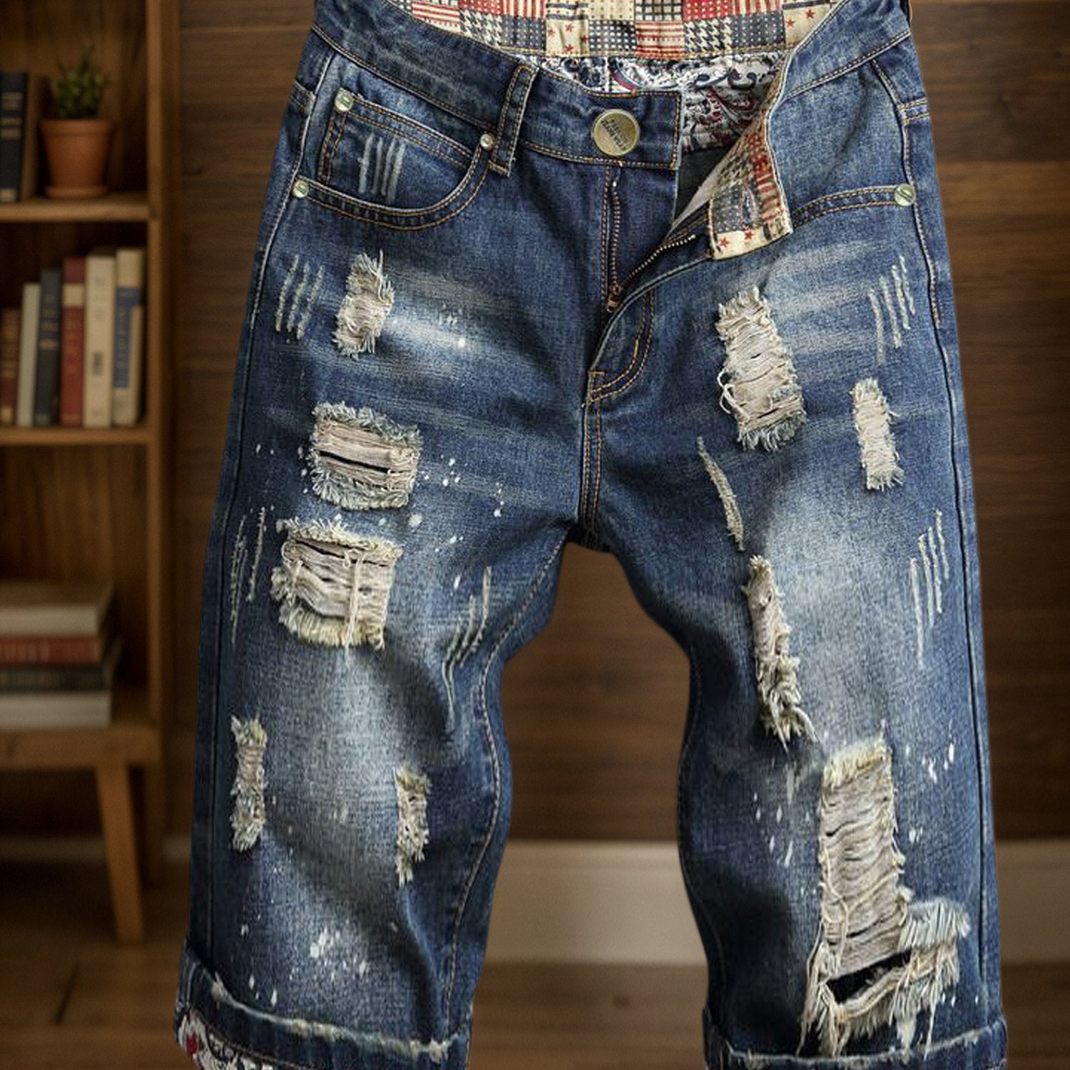 TEMU A Trendy And Popular Men's High- Street Style Shorts, Five- Point Length, Hobo- Style Ripped, Plus- Size, Straight- Leg Pants Outerwear From A