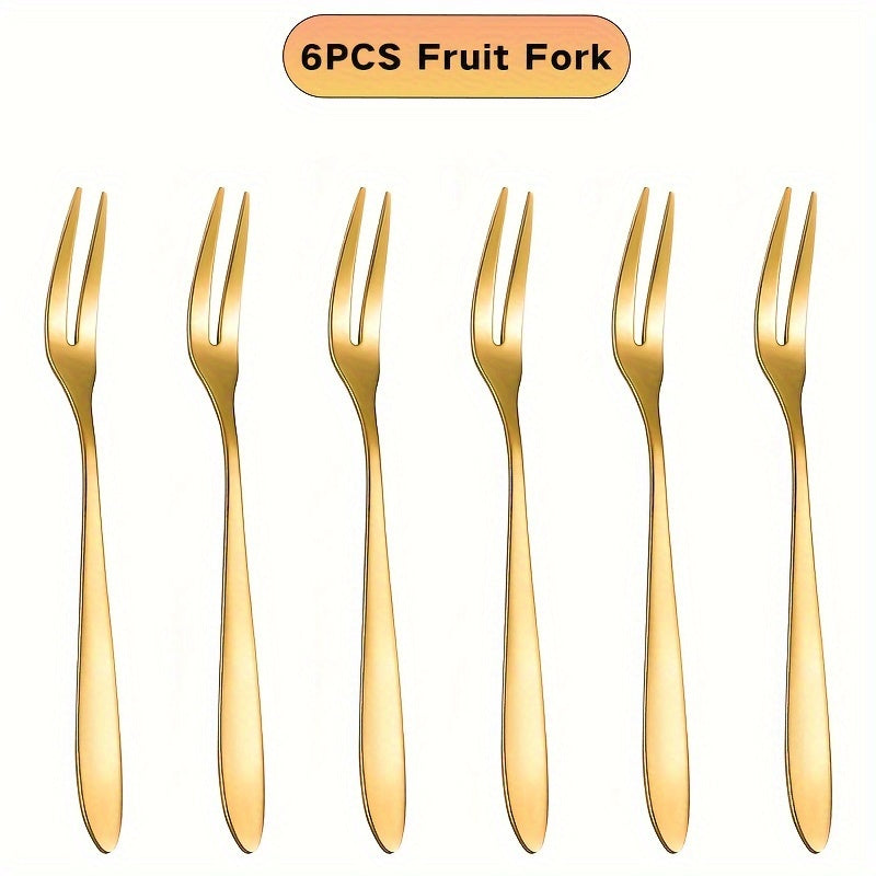 TEMU 6pcs Golden Stainless Steel Forks, 2-prong Tasting Appetizer Fork Portable Salad Fruit Fork, Mirror Polished, Suitable For Party, Travel,