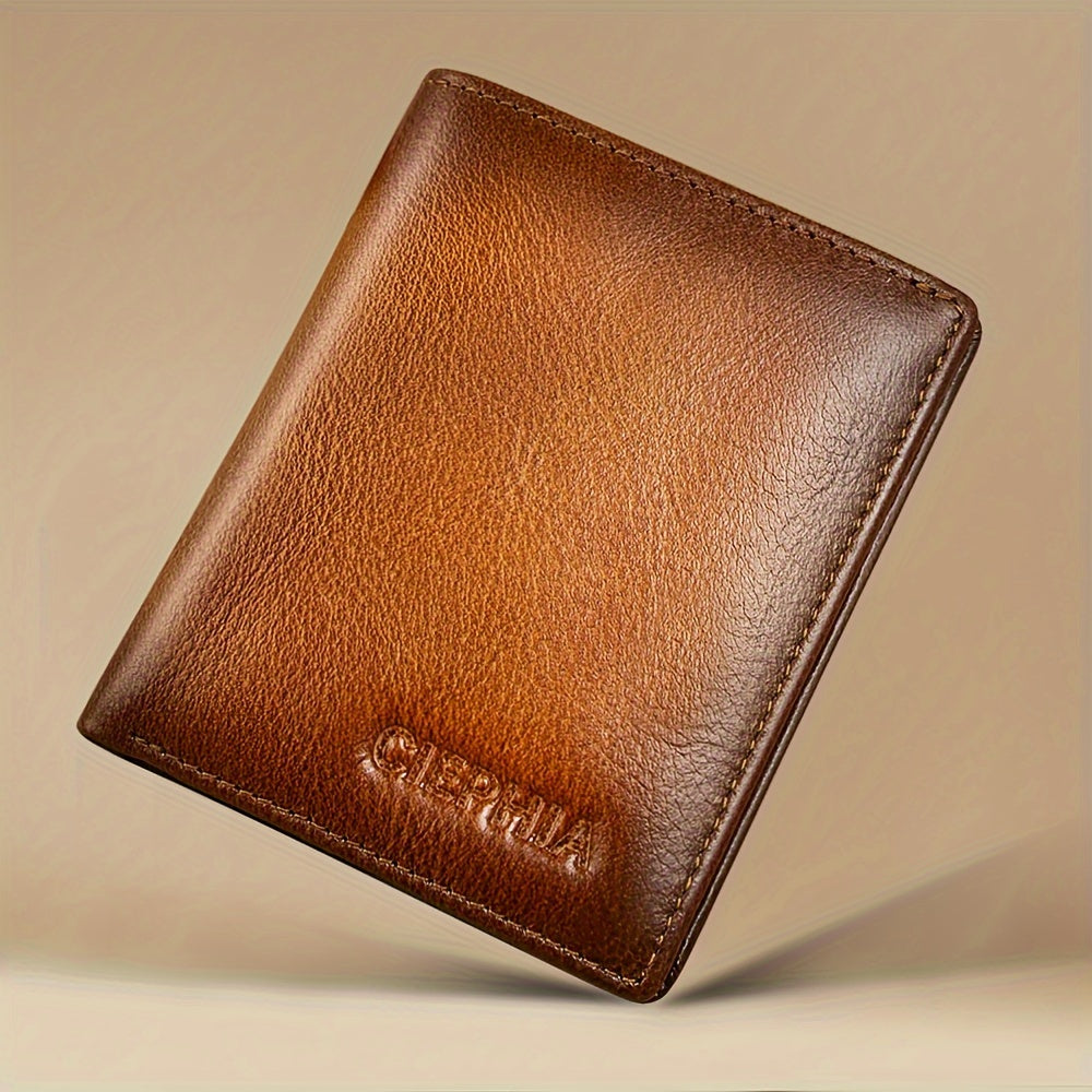 TEMU Vintage Men's Genuine Leather Wallet, Rfid Blocking Short Bifold Top Layer Cowhide Wallets, 2 Id Windows 7 Credit Card Holder, Gifts For Him