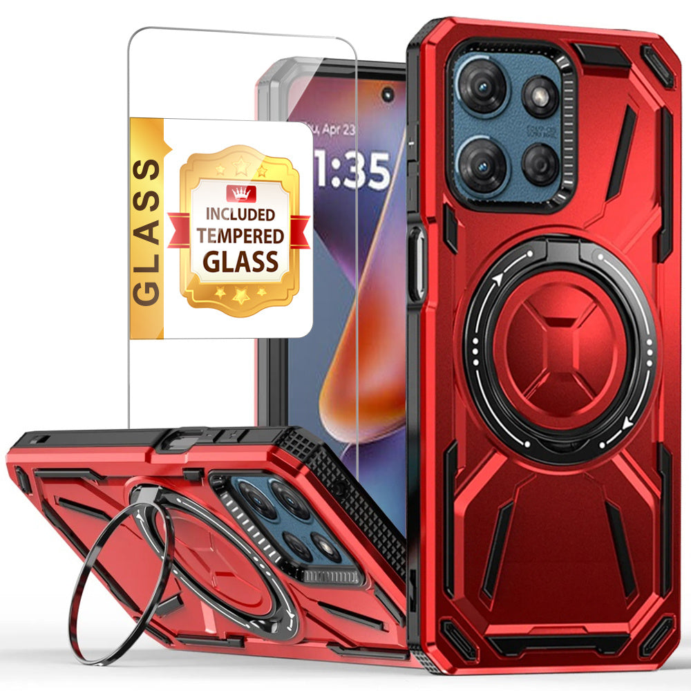 TEMU For Motorola Moto G Power 5g 2025 Phone Case, With Tempered Glass Screen Protector, Magnetic Circle Protective 360 Rotatable Magnetic Ring