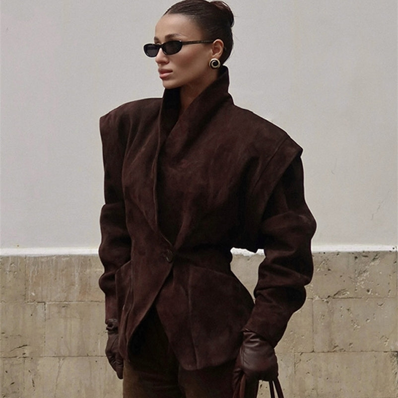 Solid Waist Cinching Blazer Women Shoulder Pads Lapel Single Breasted Long Sleeves Jackets Chic Elegant Casual Street Outerwear 250828