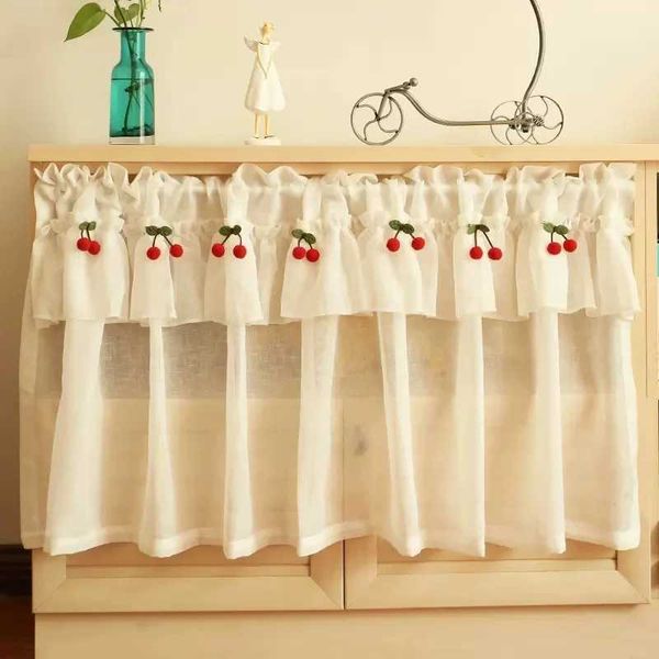 Korean Style Fresh Linen Short Curtain for Kitchen Small Window Half Curtain Cherry Decorative Valance Tulle Door Curtain Drape Y240824