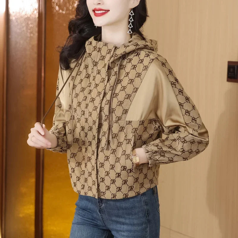 Fashionable Printed Jacket Womens Autumn Outerwear Cardigan Petite Style Hooded Drawstring Jacket Top Trendy250723