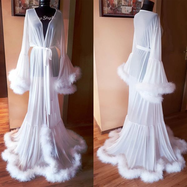 Illusion Women Bathrobe V Neck Long Sleeve Sash Pregnant Party Sleepwear Fur Ruffles Draped Robe Maternity Photo Evening Dresses
