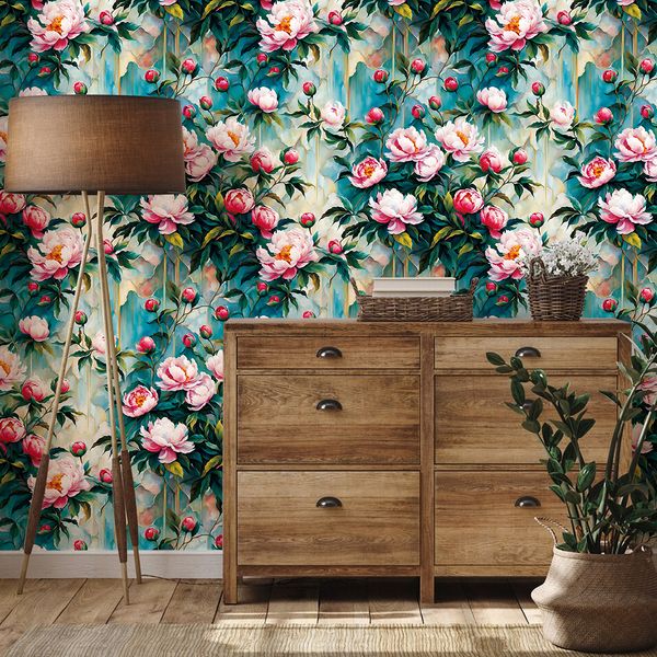 Cross border wallpaper green plants floral patterns vintage personality watercolor peony waterproof and moisture-proof home decoration
