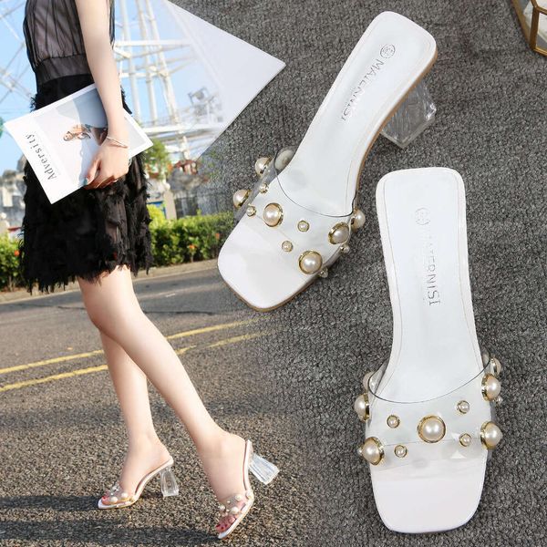 2023 New Coarse Large Square Head Summer Outerwear Diamond Women&#039;s Slippers Transparent Heel Sandals 3 3