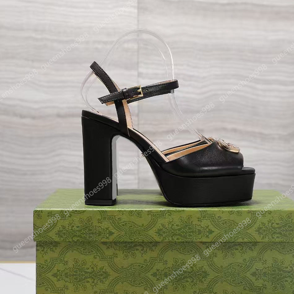 The Best Platform Heel Sandals Leather Luxury Designer Shoes Women Casual Ankle Buckle Water Diamond Metal Buckle Decoration 13cm High Heels Party S