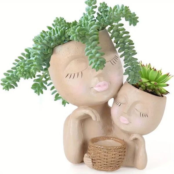 Resin 2 - Head Planter with 3 Plant Pots for Indoor - Outdoor, Face Planters Pots with Drainage Hole, Unique Resin Succulent Pots for Home D