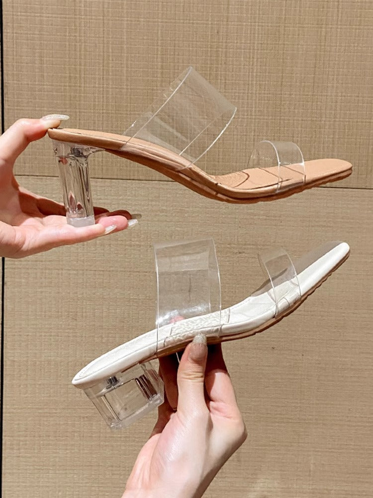 Fashionable new transparent sandals with a crystal heel, thick heels for outerwear, slippers, and high heels