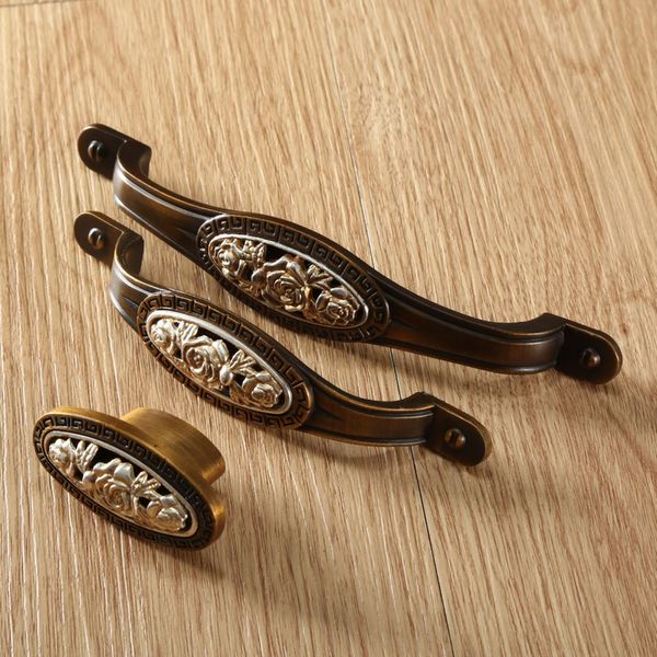 Antique Rose wer Carved Door Knobs Furniture Kitchen Cabinet Drawer Wardrobe Closet Cupboard Pull Handle Single Hole96128mm