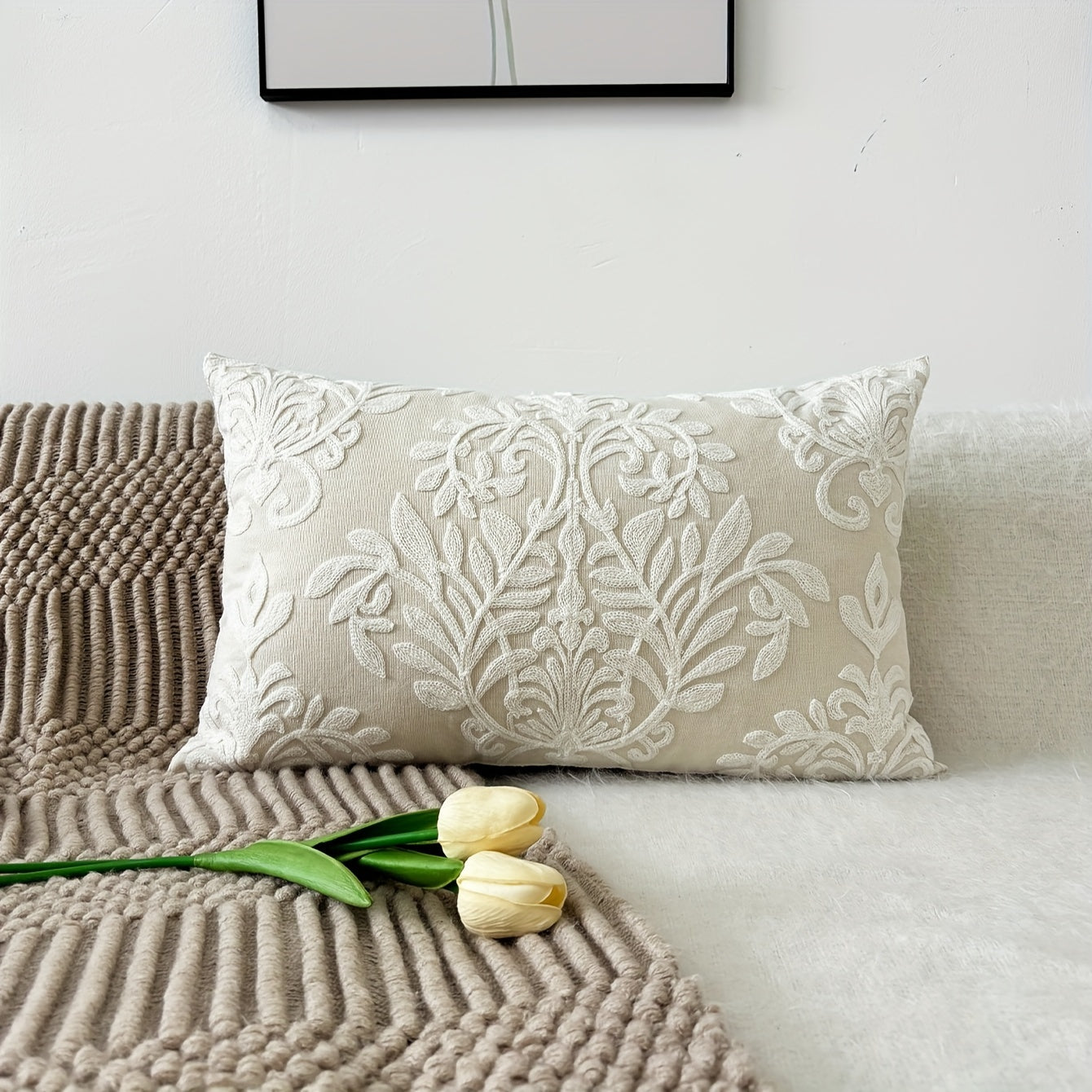 TEMU Contemporary Embroidered Floral Throw Pillow Cover 1pc - Polyester Zippered For Sofa And Home Decor - Modern Woven Canvas Pillowcase, Machine