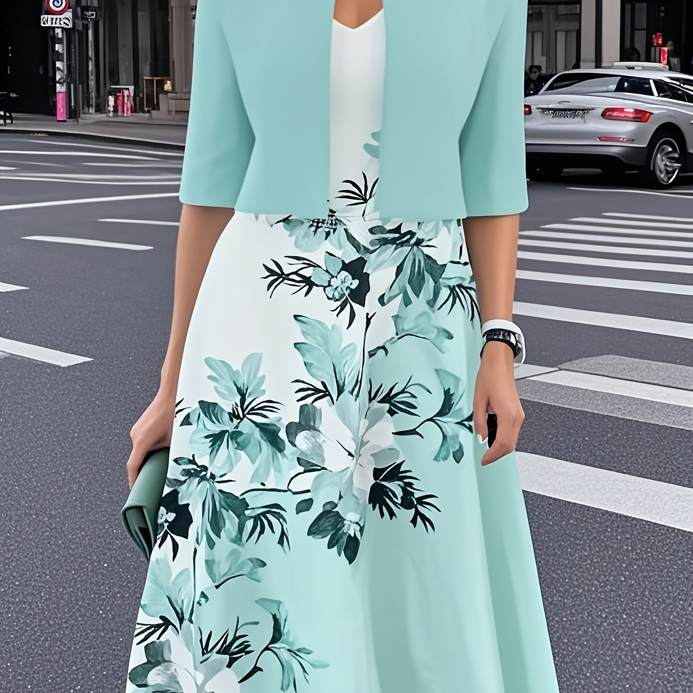 TEMU 2025 New Women'-piece Set - Solid Color Long Sleeved Cardigan And Floral Printed Camisole Dress, Suitable For Elegant And Casual Spring And