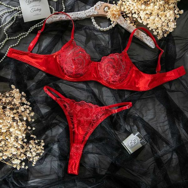 Embroidery Lingerie Set Women 2-Piece Bra + Panty Underwear Set Red Valentines Day IntimatesXJ241205