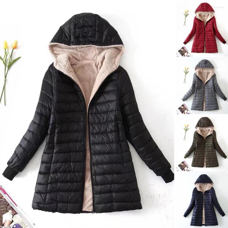 Women&#039;s Jackets Plush Lining Women Mid-length Coat Solid Color Zipper Closure Hooded Autumn Winter Jacket Clothing