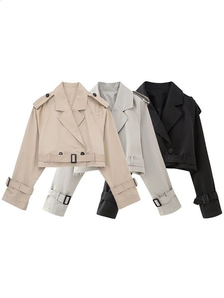 Willshela Women Fashion With Belt Cropped Trench Jacket Vintage Notched Neck Long Sleeve Female Chic Lady Coat Outfits 250118