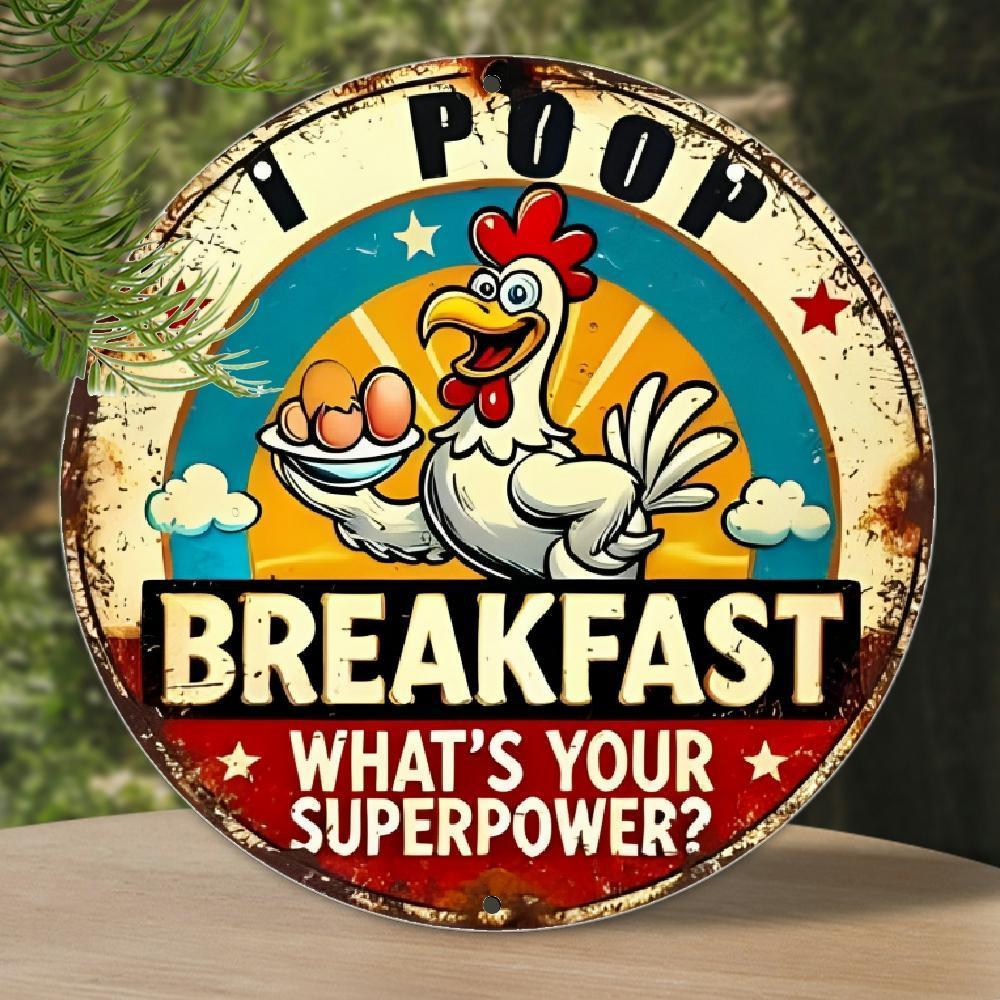 TEMU 1pc Funny Rooster "i Poop Breakfast, What's Your ?" Humor Metal Sign - 8"x8" Vintage Aluminum Wall Decor For Chicken Coop, Kitchen, Garden,