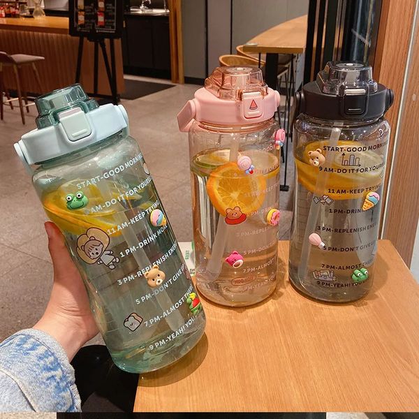 2L Sports Straw Water Bottle with Stickers Portable Large Capacity Fitness Bike Cup Summer Ice Cold Water Jug with Time Marker