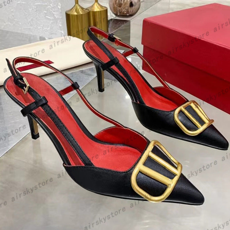 High Heels Designer Sandals Classics Metal Buckle Pointed Toe Thin Heel 4cm 6cm 8cm 10cm Summer Luxurys Brand Genuine Leather Woman Wedding Shoe Dre