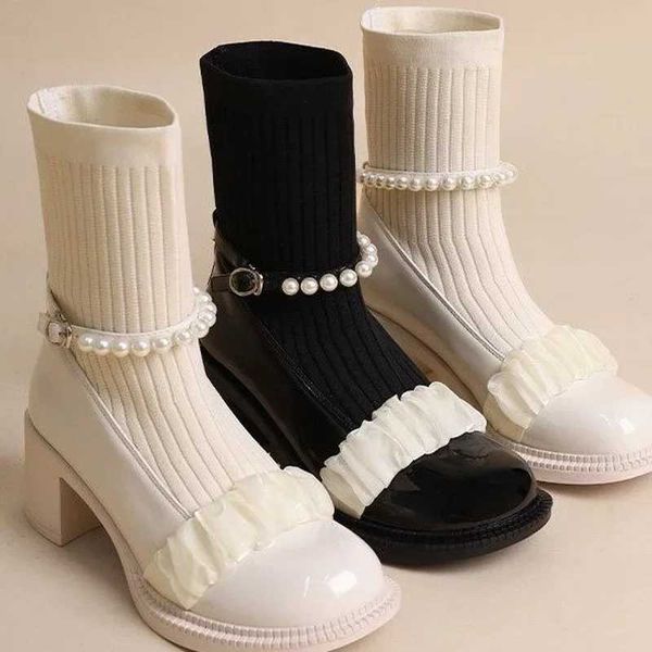 High Quality Fi Wen Socks Boots Pearl Lace Buckle Sliding Platform Ankle Boots Mary Jane Shoes Autumn Casual Thick High Heels T241113
