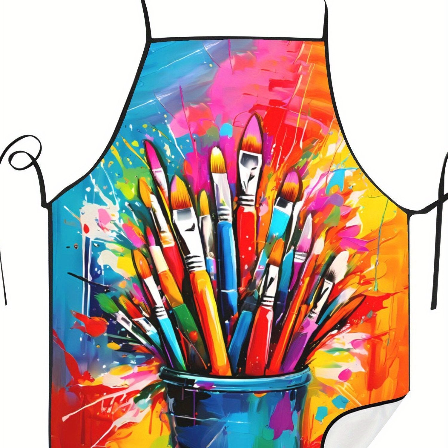 TEMU Vibrant Artistic Kitchen Apron With Colorful Pencils Design - Durable Woven Fabric, Adjustable Neck Straps, Cooking & Painting, Painting