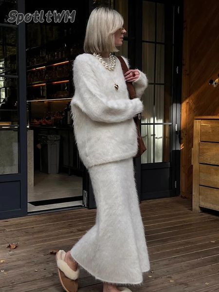Women Elegant Solid Mohair Skirt Outfits Autumn Knit O Neck Pullover Sweater 2 Piece Sets Female Loose Long Skirts Fashion Suits 241107