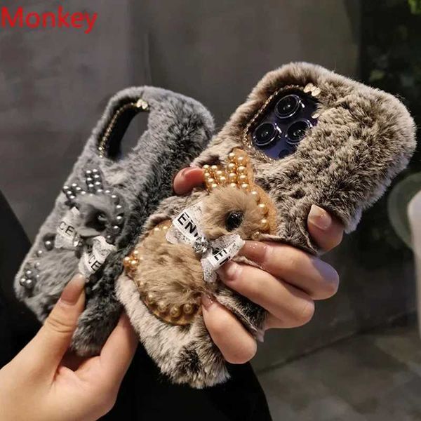 Luxury Diamond Pearl Fluffy 3D Rabbit Phone Case Suitable for iPhone 16 Pro Max Phone Case 15 14 Plus 13 12 11 X XS XR Soft Silicone Phone C