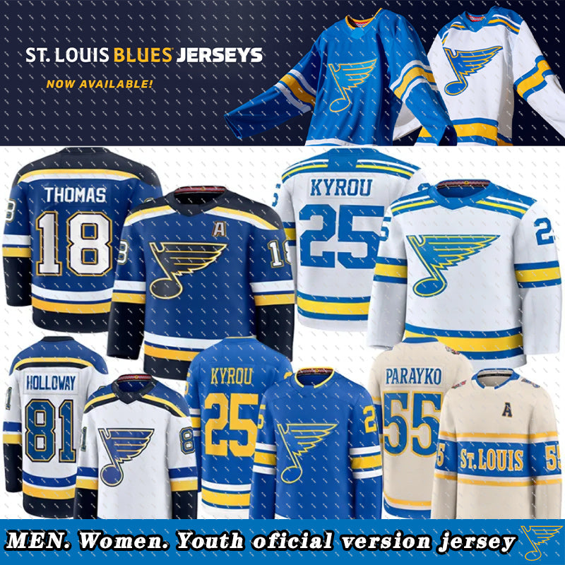 25 Kyrou St. Blues Hockey Jersey Robert Thomas Brayden Schenn Pavel Buchnevich Cam Fowler Jake Neighbours Philip Broberg Colton Parayko Binningto