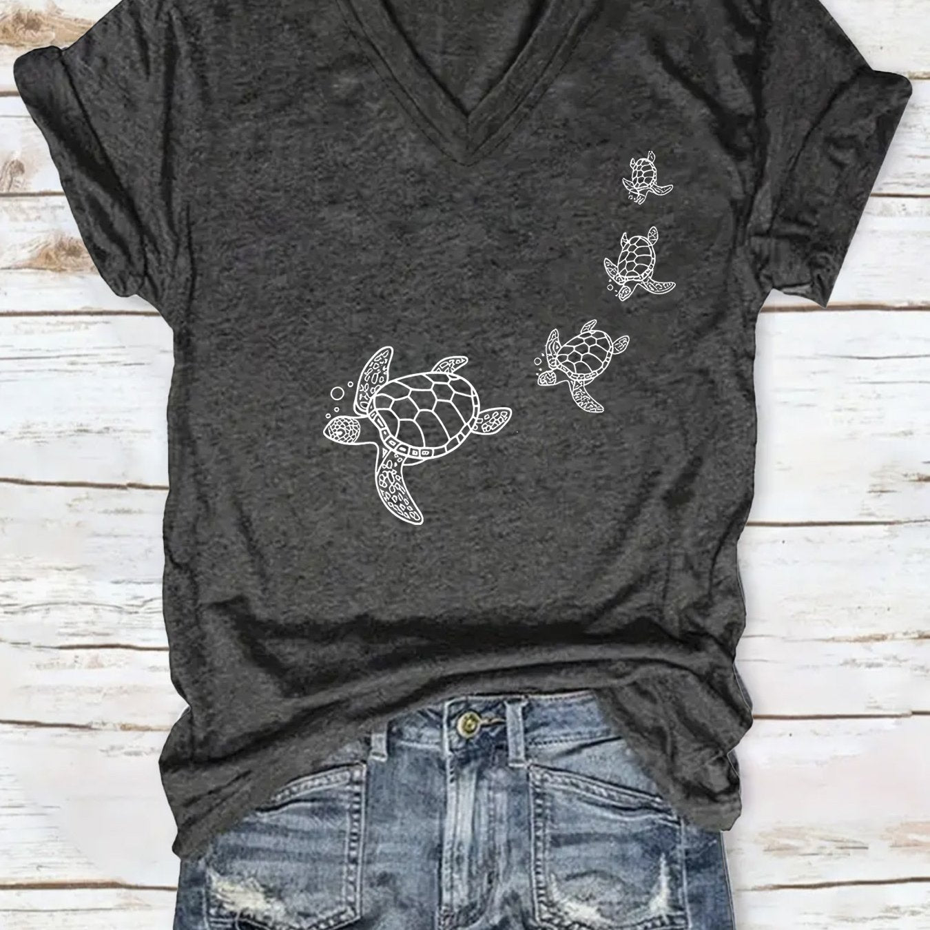 TEMU "four Turtles" Printed V-neck T-shirt, Casual Short-sleeve Summer , Women's Clothing, Suitable For Gifts For On Holidays