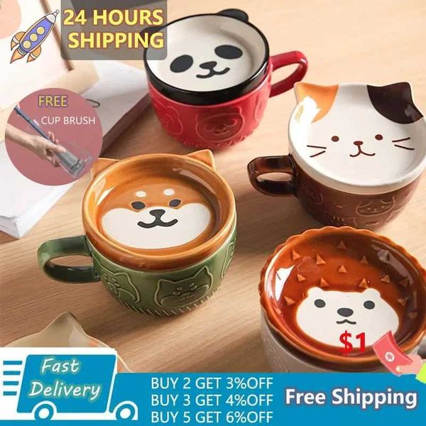 Ceramics Cute Cat Cup Shiba Inu Coffee Cups g with Lid Personty Gift Household Cartoon Kawaii Kids Breakfast Oat Milk gsT250116