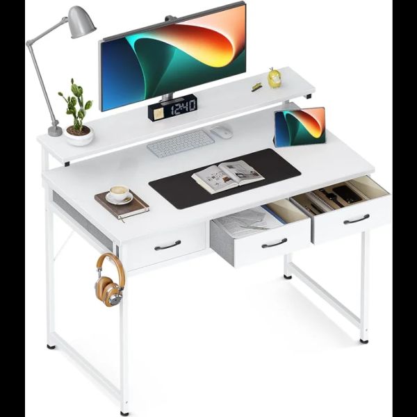 ODK 40 Inch Computer Desk with 3 Drawer and Large Storage Shelves, Home Office Desk with Monitor Shelf study table